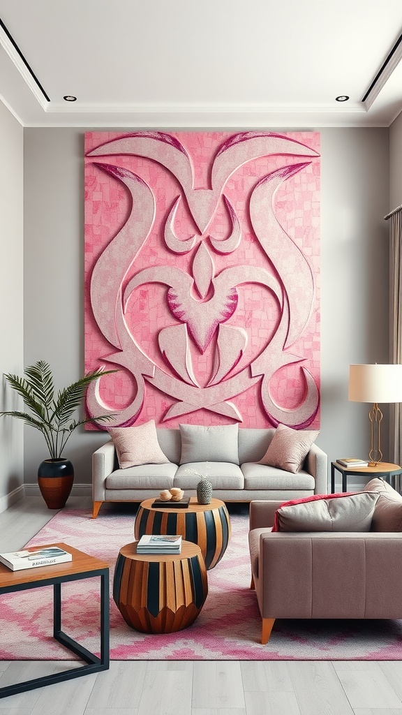 A pink mosaic wall art piece in a stylish living room setting with modern furniture.