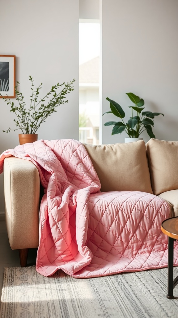 A pink quilted throw draped over a beige sofa in a bright living room