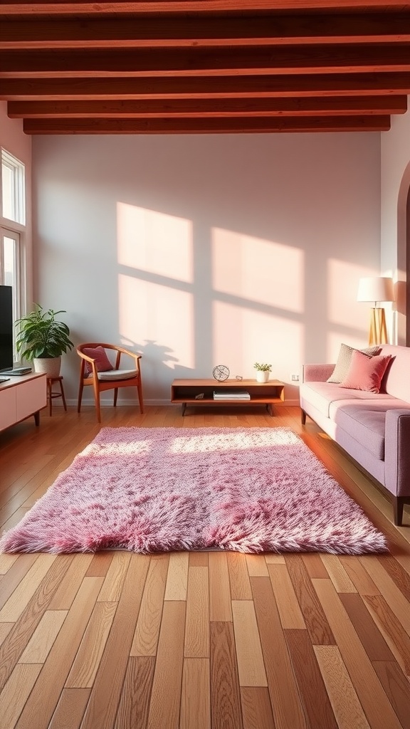 A cozy living room with a plush pink throw rug on wooden flooring, featuring a pink sofa and natural light.