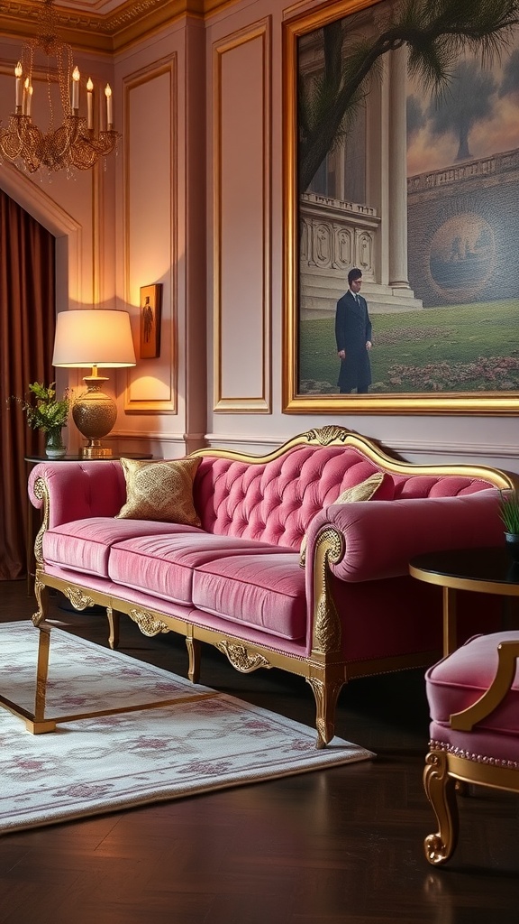 A pink velvet sofa with gold accents in an elegant living room setting