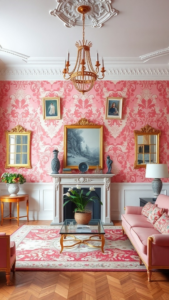 Living room featuring pink floral wallpaper with gold accents, elegant chandelier, and tasteful decor.