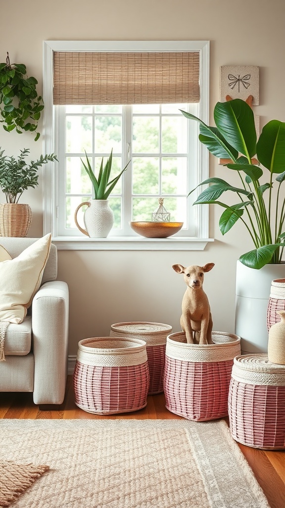 A cozy living room with pink woven baskets, plants, and a small dog.