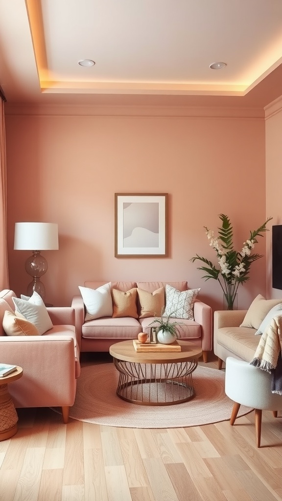 Cozy living room with pink and beige color scheme, featuring two pink sofas and a wooden coffee table.