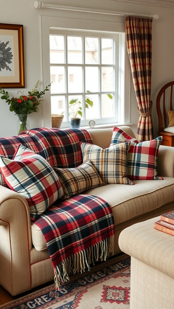 A cozy English living room featuring plaid cushions and throws on a beige sofa.