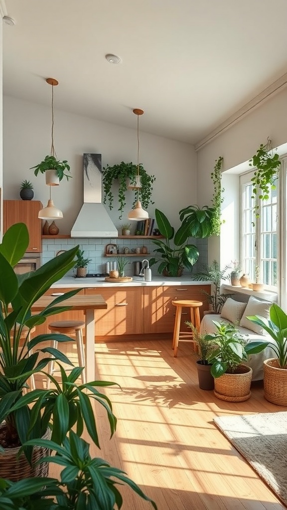 A bright kitchen and living room filled with various plants, showcasing an open layout with wooden accents.