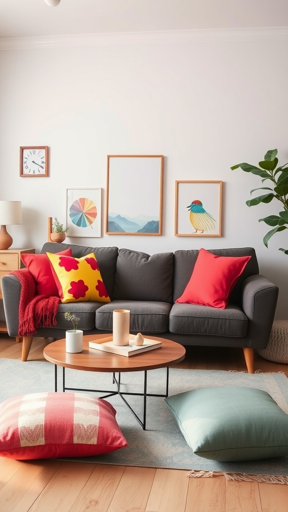 A playful living room with colorful cushions, a stylish coffee table, and cheerful wall art.