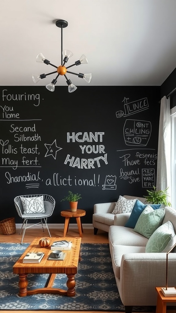 A living room featuring a black chalkboard wall with playful chalk drawings, a light-colored sofa, a wooden coffee table, and a modern light fixture.