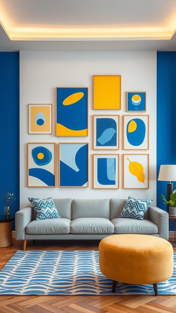 A living room with blue and yellow artwork on the wall, featuring a gray sofa, patterned cushions, and a yellow round ottoman.