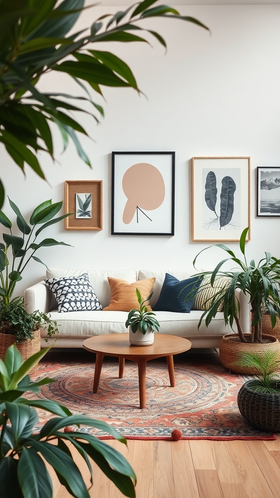 A cozy living room featuring a cream couch, colorful pillows, and various plants, with bohemian-style artwork on the walls.