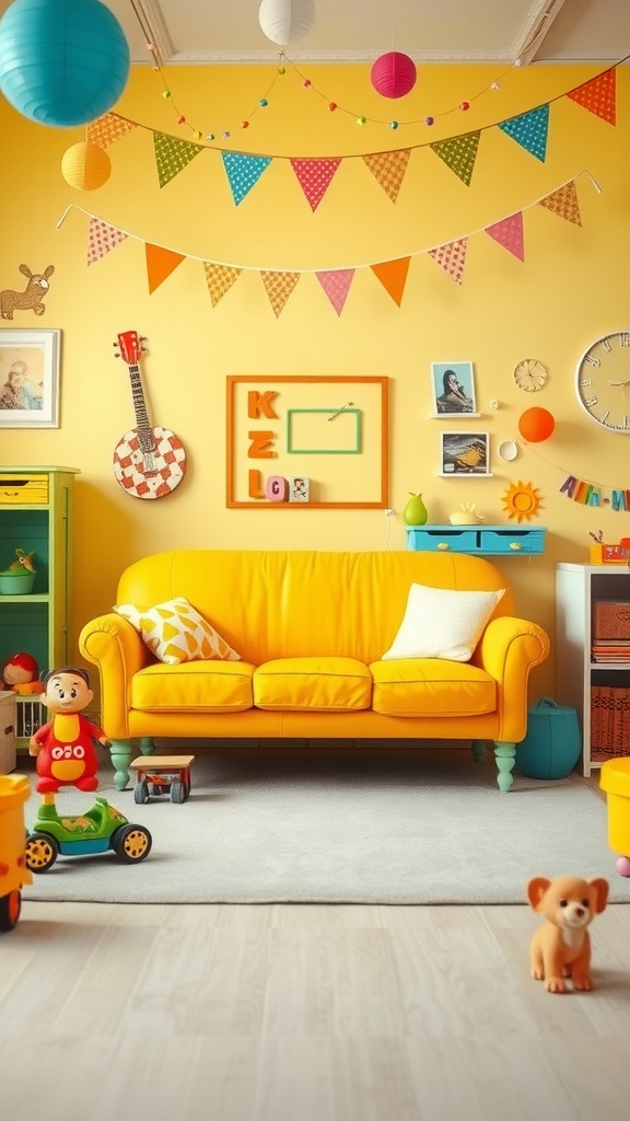 A colorful children's playroom featuring a bright yellow couch, playful decorations, and various toys.