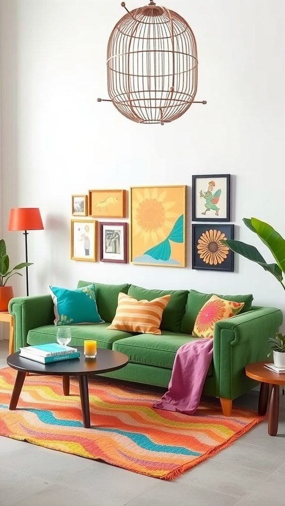 A lively living room featuring a green sofa with colorful cushions, a patterned rug, and vibrant wall art.