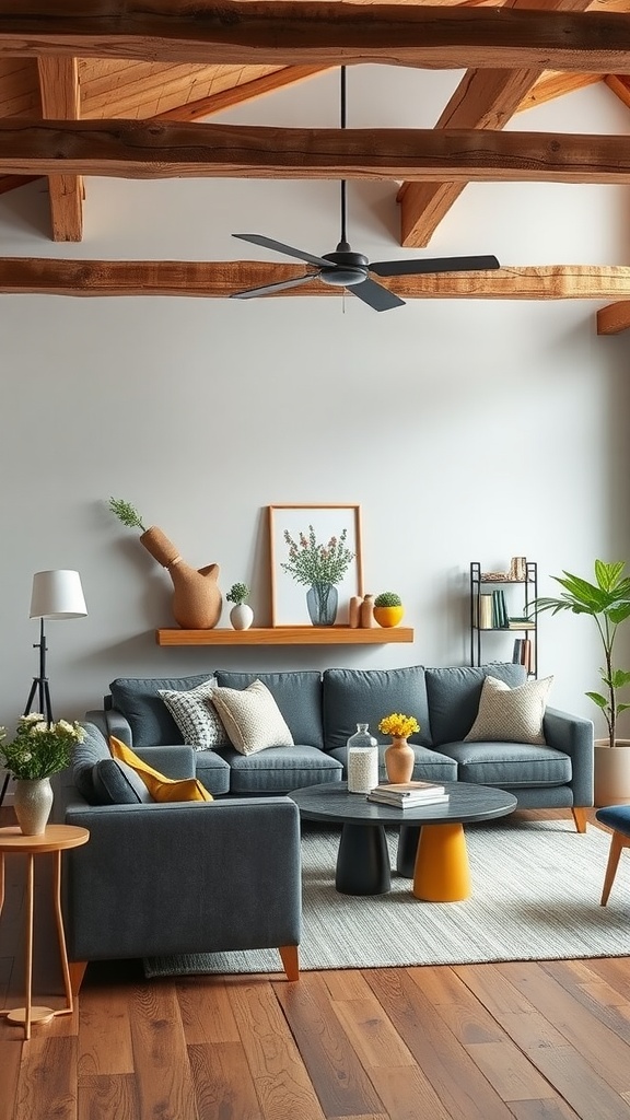 Modern rustic living room with playful color pops, featuring a deep gray sofa, yellow and orange accents, and wooden beams.