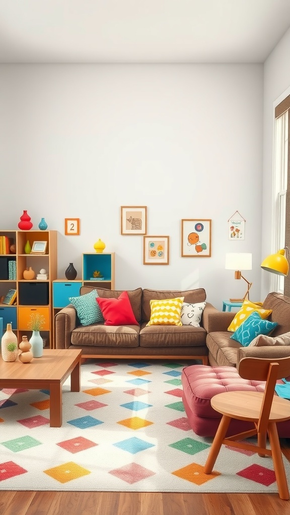 A cozy living room with a brown couch, colorful cushions, a playful rug, and a bright bookshelf, creating a fun kids' corner.