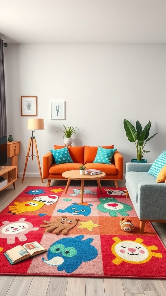 A bright, playful living room with colorful animal-themed rug, orange couch, and blue chairs.