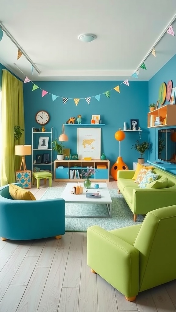 A colorful living room with blue walls, green and turquoise furniture, and playful decor for kids.