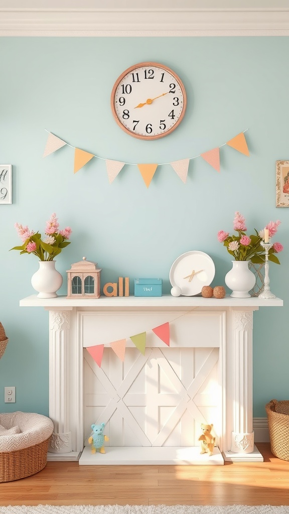 A pastel-themed fireplace mantel decorated with flowers, a clock, and colorful bunting.