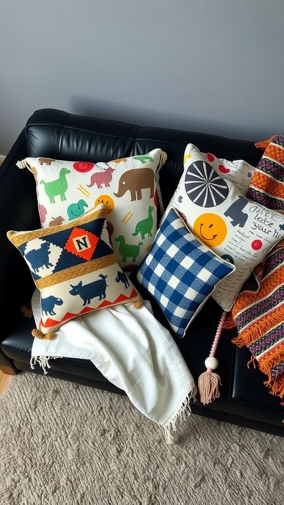 A black leather couch adorned with colorful patterned cushions and a cozy throw blanket.