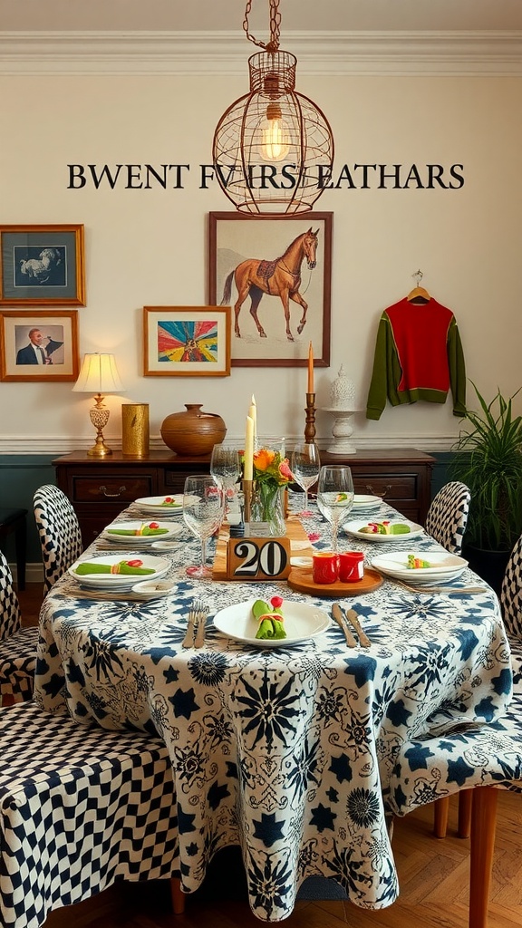 A spring dinner table adorned with a patterned tablecloth, vibrant centerpieces, and a playful mix of chair designs, creating an inviting atmosphere.