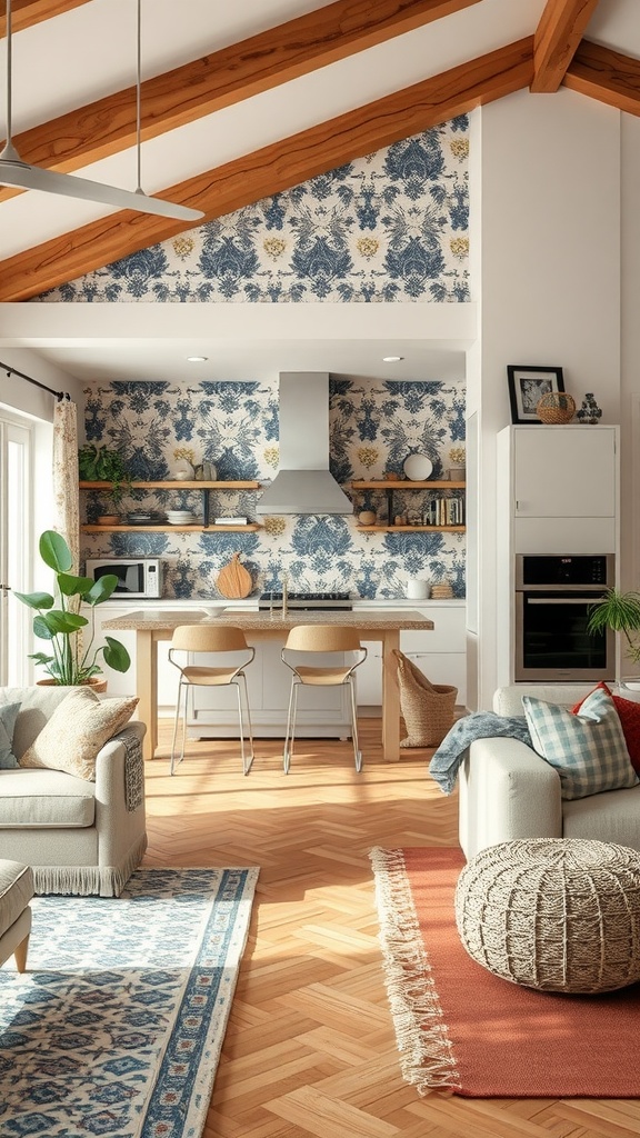 Open kitchen-living room featuring playful patterns and textiles, with floral wallpaper, cozy sofas, and decorative rugs.