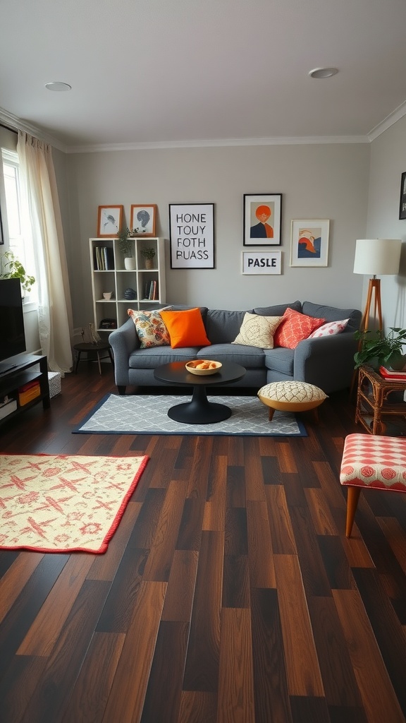 Living room with dark wood floors, colorful cushions, and patterned rugs.