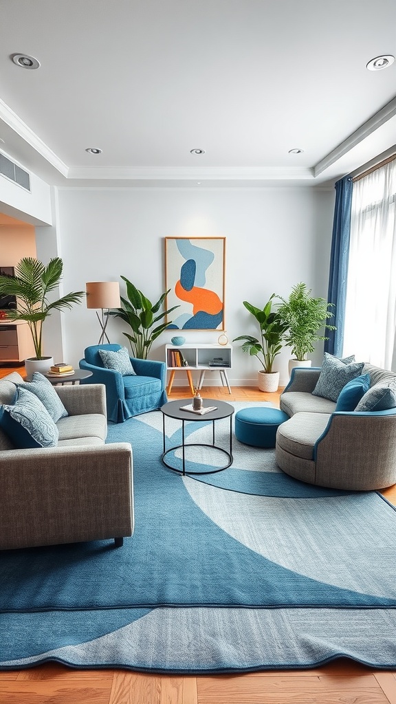 Living room with blue and gray rug, plants, and modern furniture