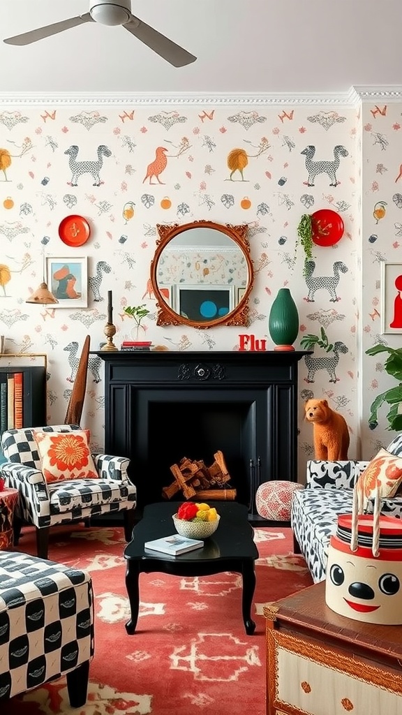 A lively living room featuring a black fireplace, playful patterned wallpaper, and colorful furniture.