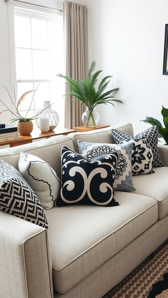 A cozy living room sofa adorned with a variety of black, grey, and white decorative pillows, complemented by plants and natural light.