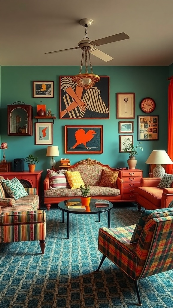 A playful retro living room featuring teal walls, eclectic artwork, and vibrant furniture.