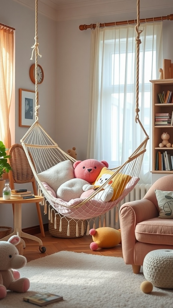 A cozy living room with a suspended hammock filled with colorful stuffed toys.