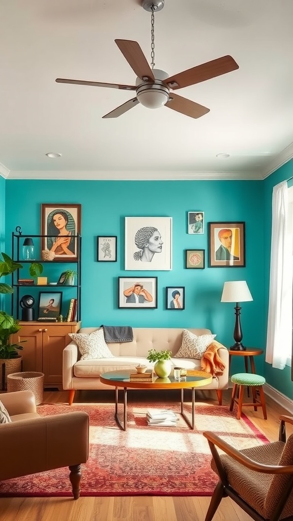 A vibrant living room with turquoise walls, a beige sofa, and various artwork on the walls.