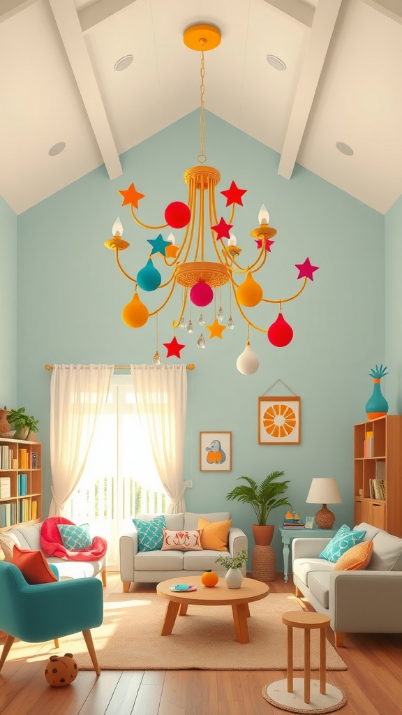 A colorful and whimsical chandelier hanging in a bright living room with playful decor.