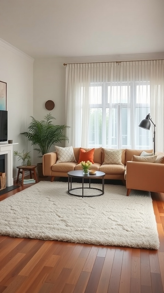 Cozy living room featuring a plush area rug, a tan sofa, and a coffee table.