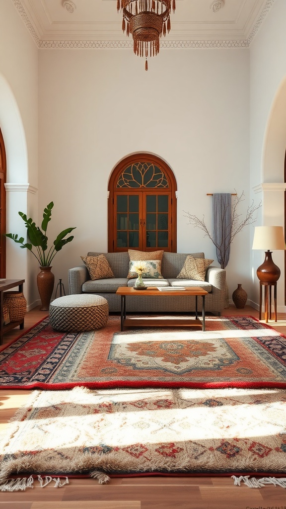 A cozy Moroccan living room featuring plush area rugs and comfortable furniture.