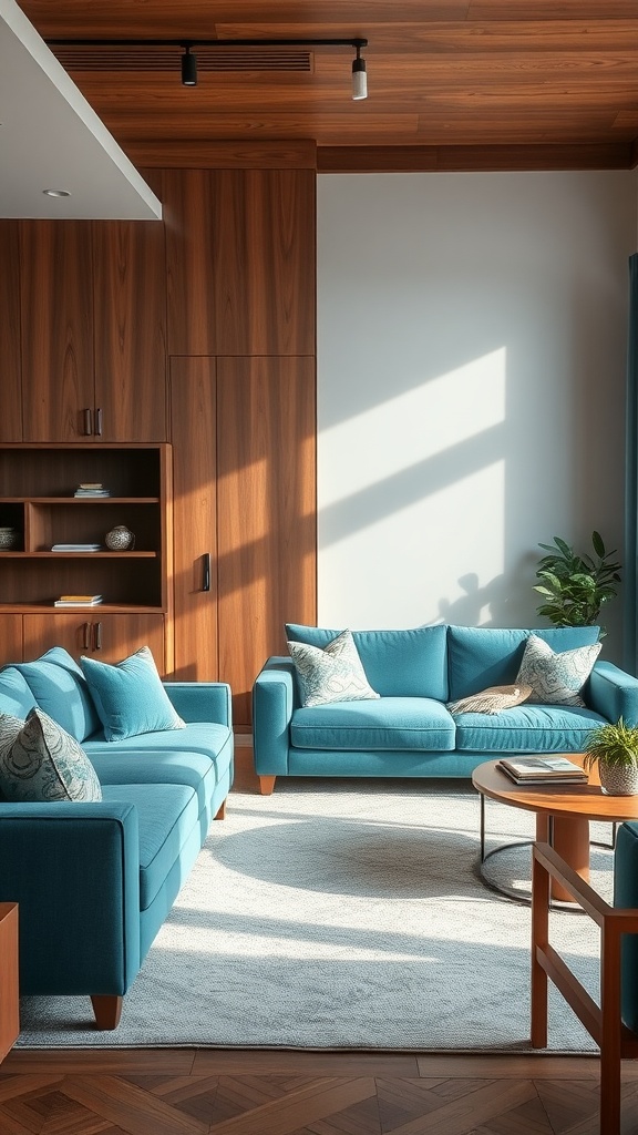 Living room with sea blue couches and walnut cabinetry