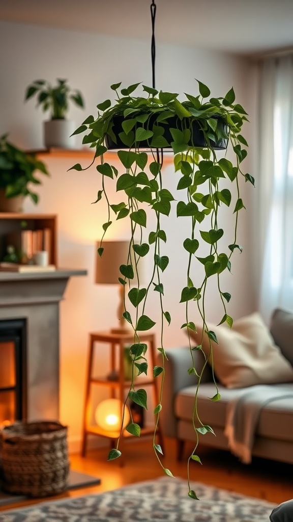 A lush pothos plant hanging in a cozy living room, with warm lighting and inviting decor.