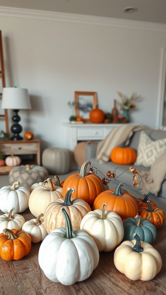 A collection of pumpkins in various colors and sizes arranged on a wooden floor in a cozy living room setting.