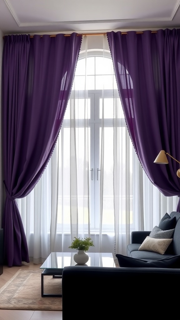 Living room with purple and sheer curtains framing a window