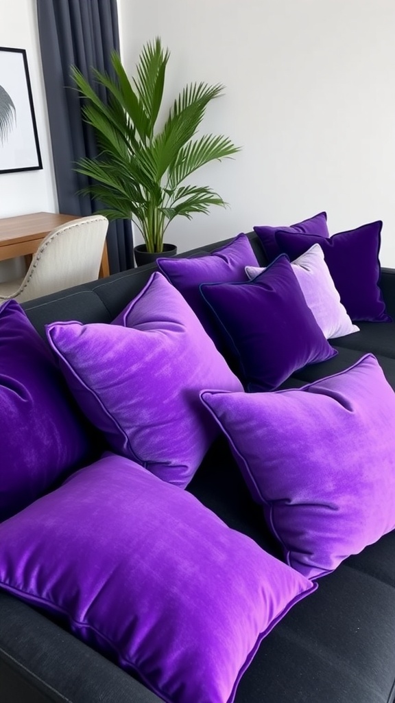 A black sofa with an arrangement of purple decorative pillows in varying shades.