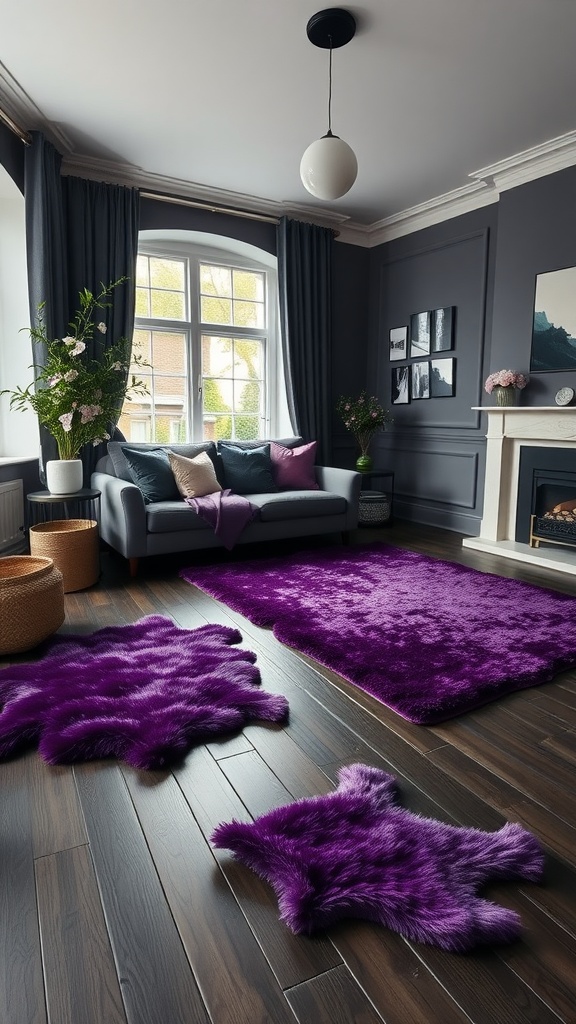 A stylish living room featuring purple throw rugs on dark wooden floors with a cozy sofa and decorative elements.