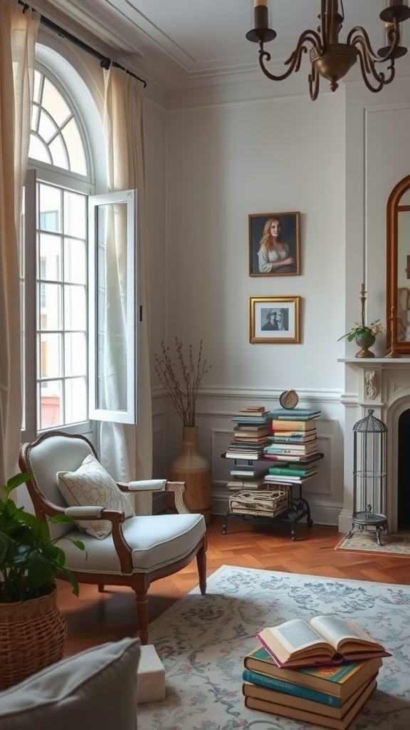 Cozy reading nook with an armchair, books, and natural light