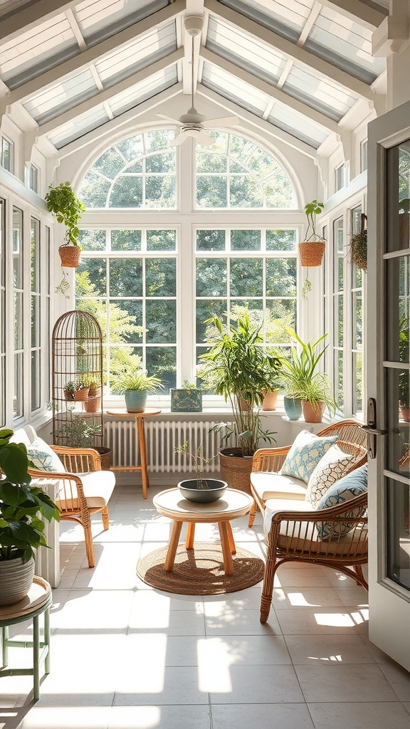 A cozy sunroom with large windows, rattan chairs, and various plants.