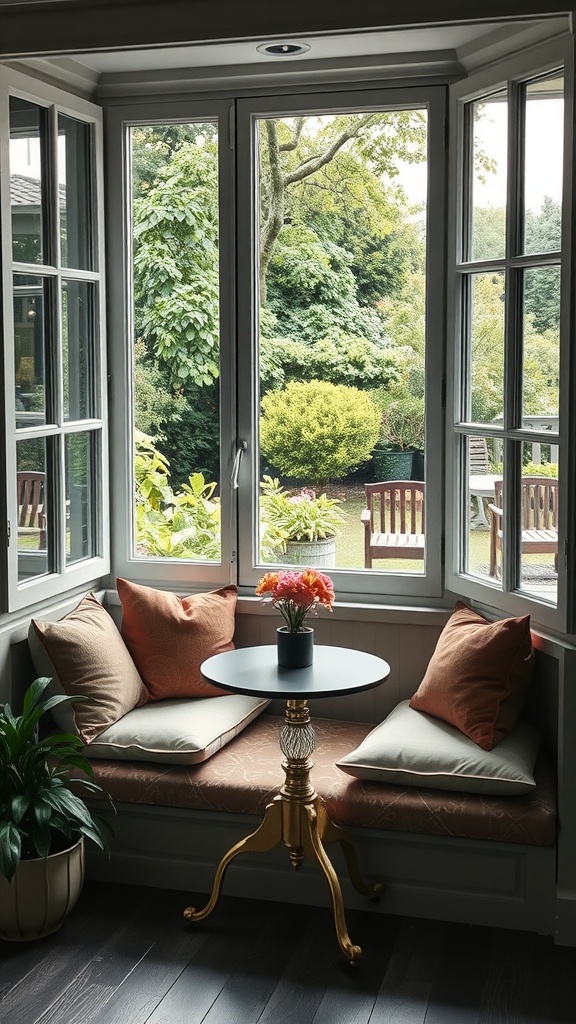 A cozy window seat with cushions and a small table, surrounded by greenery