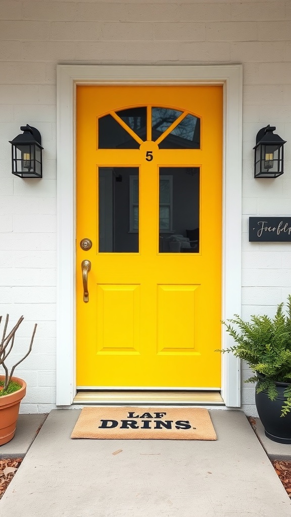 Bright yellow front door with a quirky doormat that says 'LAF DRINS.'