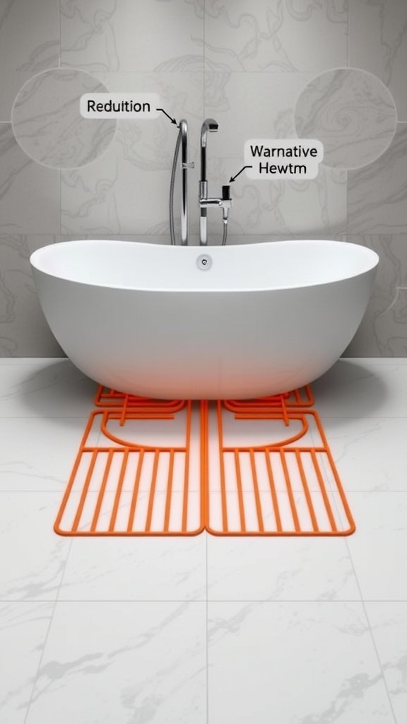 A modern bathtub with radiant heating system beneath it, highlighted with orange lines.