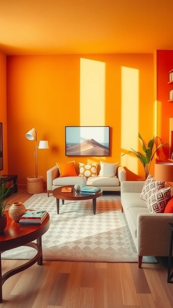 Living room with radiant tangerine walls, modern furniture, and bright decor