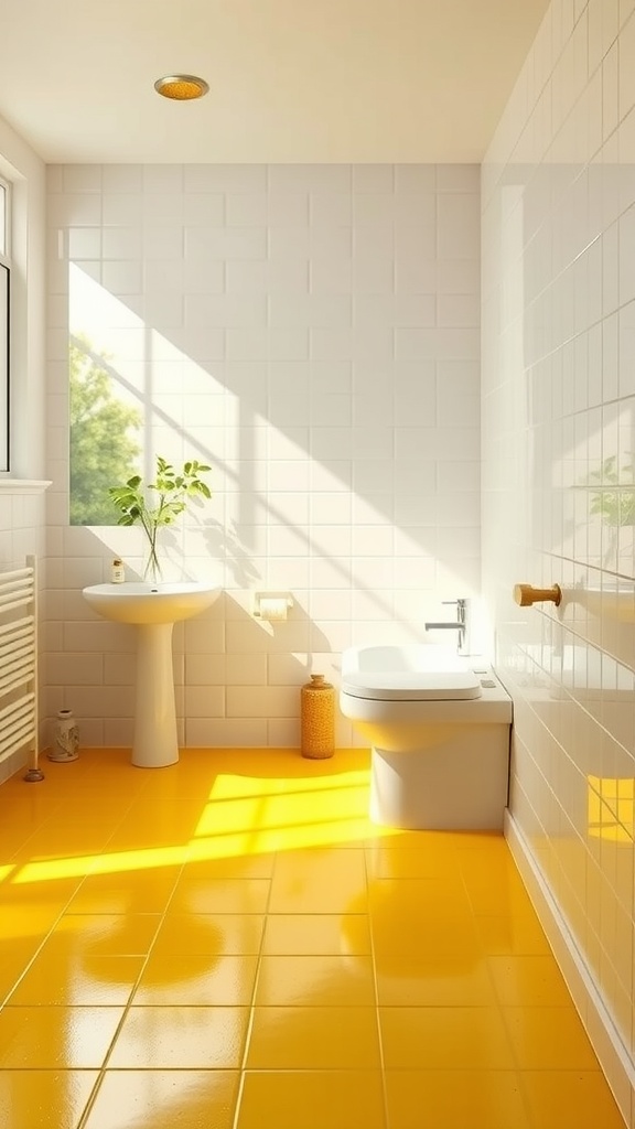 A bright bathroom featuring radiant yellow floor tiles, white tiled walls, and modern fixtures, with natural light coming in from the window.