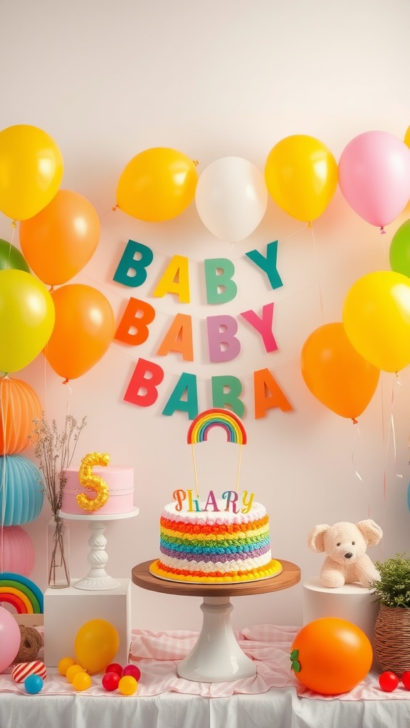 A colorful baby shower setup featuring a rainbow cake, balloons, and playful decorations