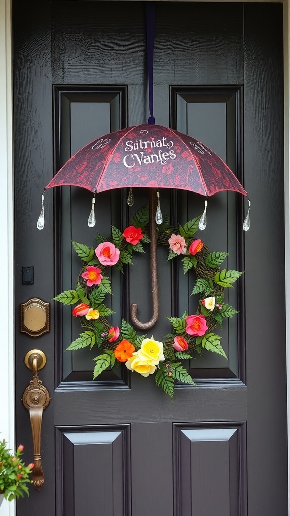 A colorful umbrella wreath featuring flowers, hanging on a dark front door.