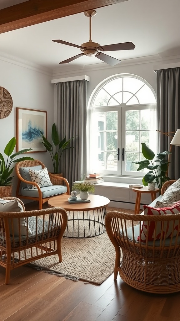 Cozy modern boho living room with rattan and wicker accents, featuring a coffee table and comfortable seating.