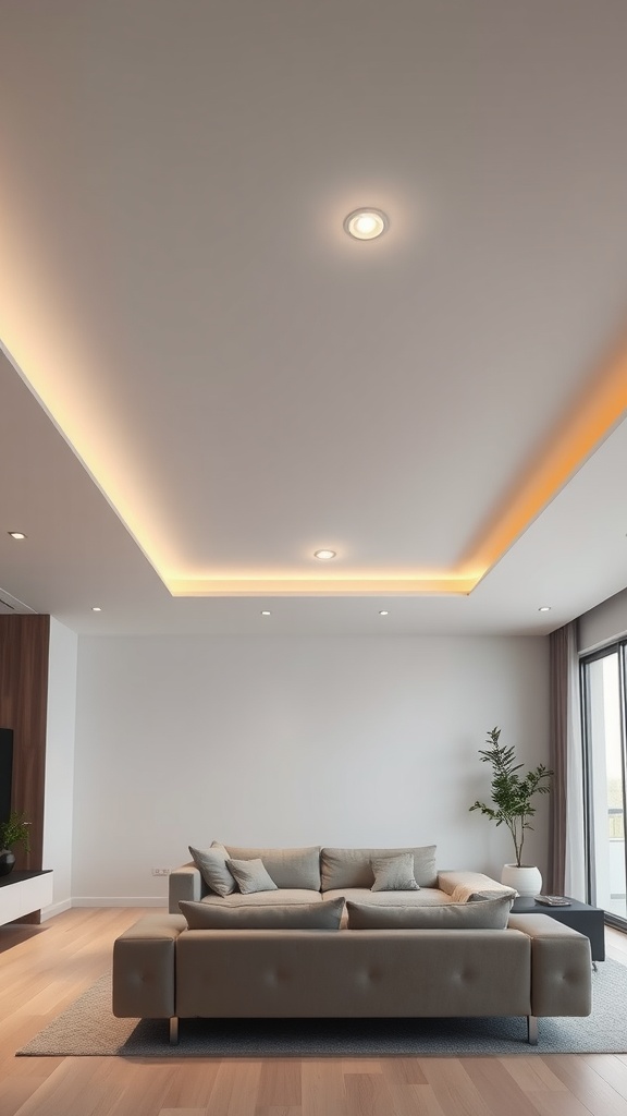 Modern living room with recessed lighting and neutral furniture